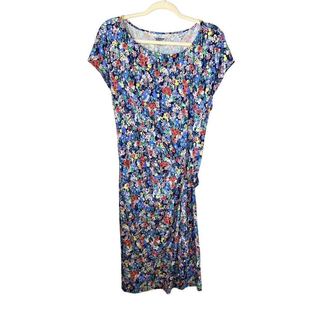 Lands' End Blue Floral Side-Tie Midi Dress